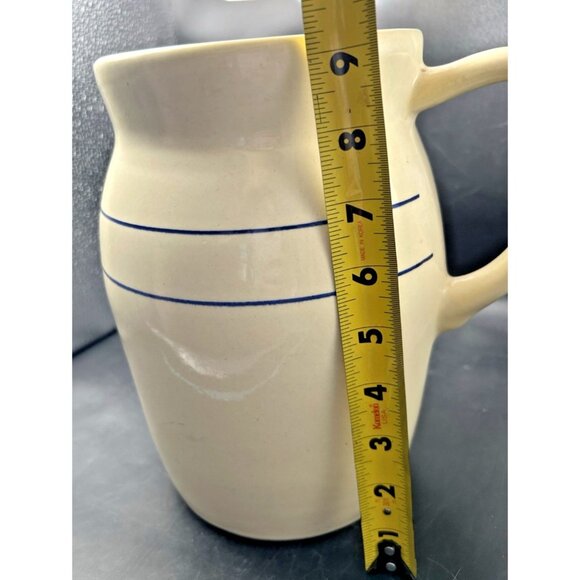 Pottery Milk Pitcher Blue Stripe Stoneware Crock Vintage XL 9.25" EUC - Picture 11 of 12